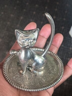 Silver Plated Cat Jewelry Dish Ring Holder - Silver Cat Trinket Tray
